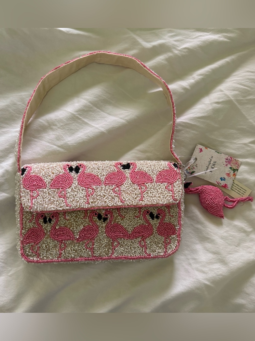 Viral Made In India Beaded Shoulder Bag Pink Flamingos White with Charm Bag